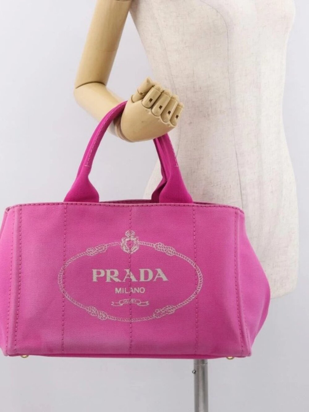 PRADA Canapa MM Hand Bag Canvas Pink Gold Auth 169038